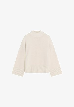 Chunky, cream-colored sweater with a high neck, wide sleeves, ribbed cuffs, and hem made from a soft, textured fabric.