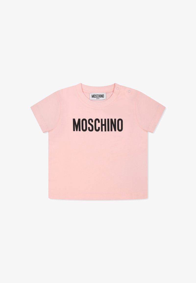 T-shirt rosa a maniche corte realizzato in cotone. Presenta il logo nero "MOSCHINO" sul davanti e bottoni a pressione sulla spalla per una facile vestizione.
