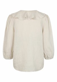 Blusa bianca in lino con colletto arricciato, maniche lunghe a sbuffo e polsini elasticizzati. Texture liscia e design casual. Vista posteriore mostrata.