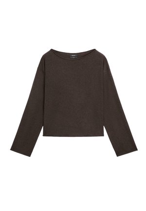 Brun kortærmet langærmet top lavet af blødt stof med en bred rund halsudskæring og afslappet pasform. Enkel design uden mønstre eller detaljer.