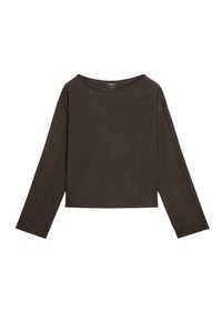 Top marrone cropped a maniche lunghe realizzato in tessuto morbido, caratterizzato da un'ampia scollatura rotonda e una vestibilità comoda. Design semplice senza motivi o decorazioni.