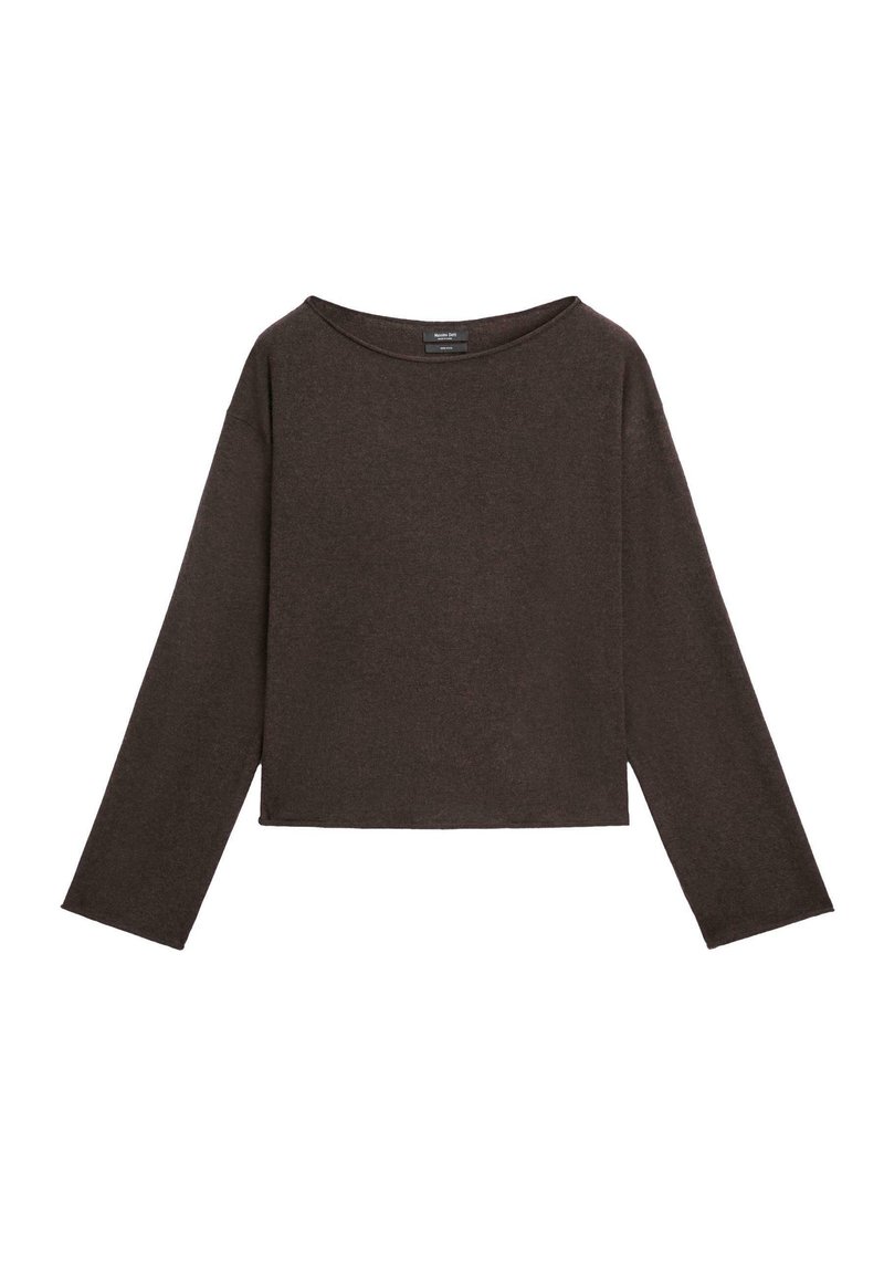 Top marrone cropped a maniche lunghe realizzato in tessuto morbido, caratterizzato da un'ampia scollatura rotonda e una vestibilità comoda. Design semplice senza motivi o decorazioni.