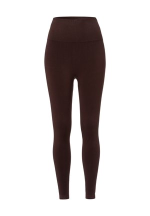 Leggings marroni realizzati in tessuto elastico, con una vita alta e una texture liscia, progettati per una silhouette aderente.