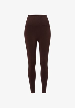 Braune Leggings aus dehnbarem Stoff mit hohem Bund und glatter Textur, die für eine enganliegende Silhouette konzipiert sind.