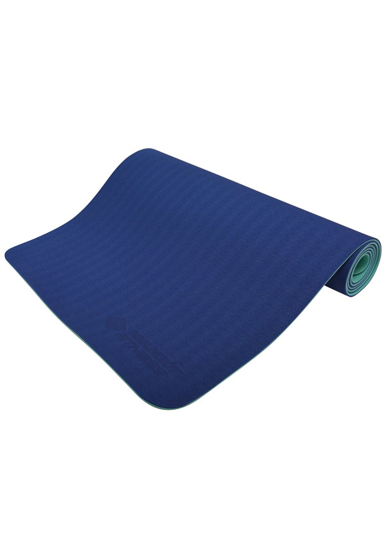 Tappetino da esercizio di un blu intenso con una superficie testurizzata e un bordo arrotolato. Presenta un marchio sottile e un lato inferiore verde a contrasto.