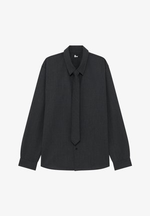 Donkergrijze overhemden met lange mouwen en een bijpassende stropdas. Kenmerkt zich door een kraag, gestructureerde stof en manchet mouwen. Klassiek formeel ontwerp.