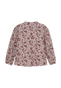 Bluzka z długim rękawem w jasnoróżowym kolorze z kwiatowym wzorem w burgundzie i zieleni. Miękka tkanina, okrągły kołnierz i bufiaste mankiety na rękawach.