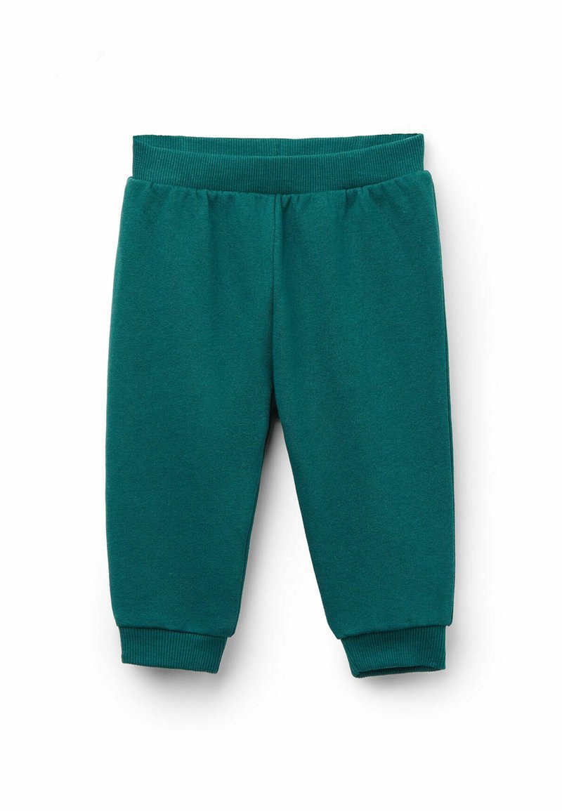 Tyrkysové bavlněné jogger kalhoty s žebrovaným pasem a manžetami, se hladkým povrchem a elastickými materiály pro pohodlí a flexibilitu.