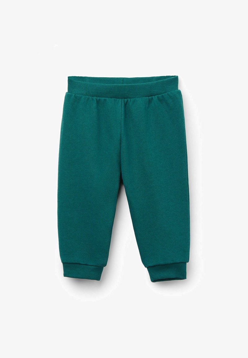 Pantalons de jogging en coton teal avec taille et poignets côtelés, présentant une texture lisse et des matériaux élastiques pour un confort et une flexibilité optimaux.