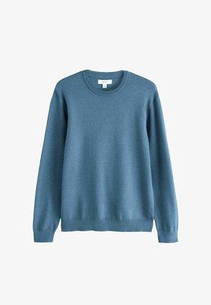 Modra bombažna majica s crew izrezom, dolgimi rokavi ter rebrastimi manšeti in robom. Gladka tekstura, minimalno označevanje na vratu.