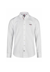 Witte lange mouwen shirt met een button-down kraag, voorzien van een klein logo op de borst en contrasterende knoopaccenten. Soepele stoftextuur.