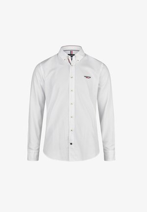 Witte lange mouwen shirt met een button-down kraag, voorzien van een klein logo op de borst en contrasterende knoopaccenten. Soepele stoftextuur.
