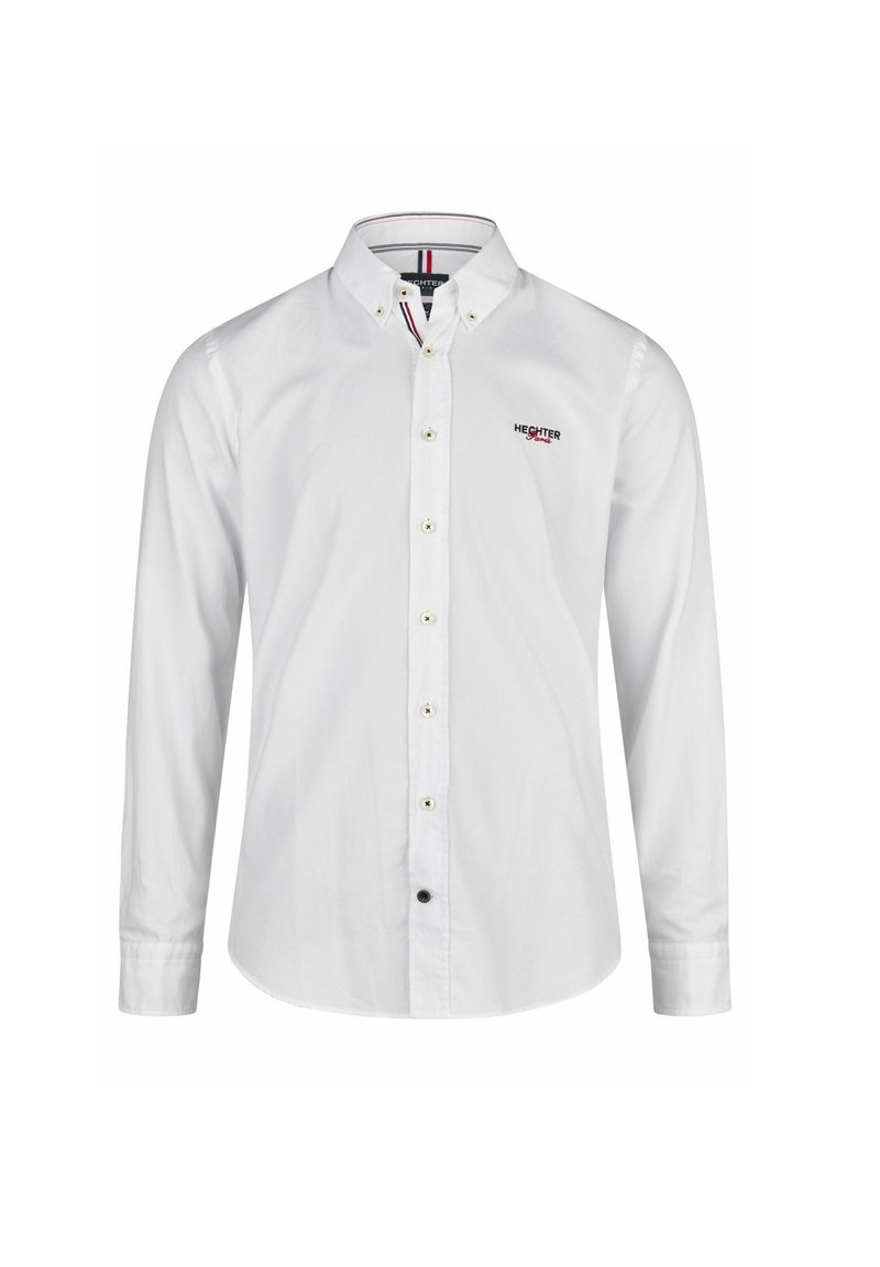 Witte lange mouwen shirt met een button-down kraag, voorzien van een klein logo op de borst en contrasterende knoopaccenten. Soepele stoftextuur.