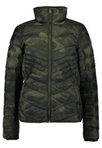 Doudoune à motifs camouflage vert foncé et noir avec col haut et fermeture zippée à l'avant.