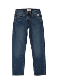 Jeans de mezclilla de color azul oscuro con corte recto, que cuentan con cinco bolsillos, costuras naranjas y una etiqueta en la parte trasera de la cinturilla.