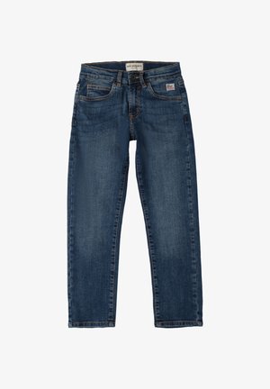 Jeans in denim blu scuro con gamba dritta, dotati di cinque tasche, cuciture arancioni e un'etichetta sulla vita posteriore.