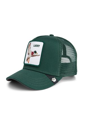 Green mesh-back cap features a front patch with an embroidered duck and the word "LUCKY." Curved brim and a small logo on the side.