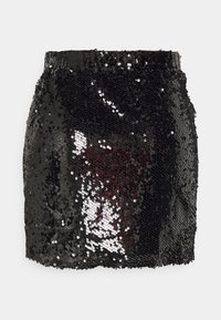 Zwarte pailletten mini-jurk met een strakke pasvorm. Gladde textuur en glinsterend oppervlak. Elastische tailleband voor extra comfort.