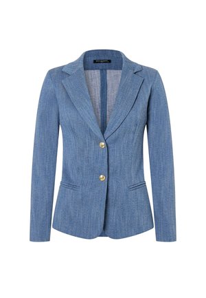 Blaues, maßgeschneidertes Sakko mit Kerbkragen, zwei goldenen Knöpfen und vorderen Leistentaschen, präsentiert vor weißem Hintergrund.