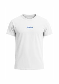 Weißes Baumwoll-T-Shirt mit Rundhalsausschnitt und kurzen Ärmeln. Mit einem blauen Drucklogo "Neverless Power Nutrition" auf der Brust.