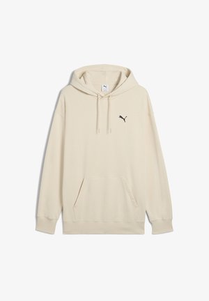 Beige kapuutsiga sviiter, mis on valmistatud pehmest kangast, millel on eesmine tasku, reguleeritav kapuuts ja must Puma logo vasakul rinnaosal.