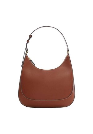 Sac d'épaule en cuir marron avec dessus incurvé, sangle réglable, fermeture éclair dorée et bordure noire sur fond blanc.