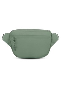 Green fabric waist bag with a rounded shape, front zippered pocket, adjustable strap, and textured surface.