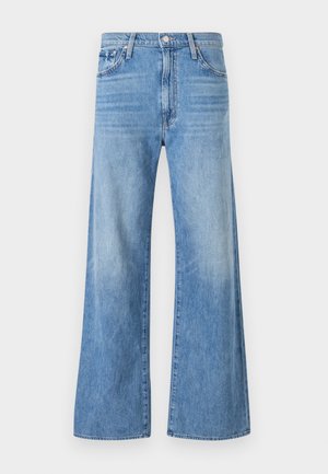 Jeans de pierna ancha de color azul claro, fabricados en denim, con una cinturilla alta, diseño de cinco bolsillos, con secciones ligeramente desgastadas y costura estándar.