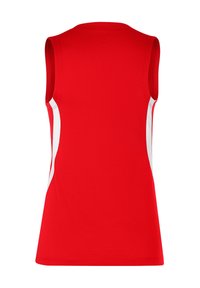 Rood atletisch topje zonder mouwen met een gestructureerde stof, voorzien van witte accenten aan de zijkanten en een ronde halslijn. Glad, lichtgewicht ontwerp.