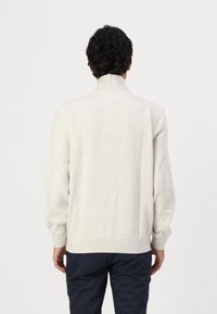 Lichtgrijze sweatshirt met een hoge kraag, ribgebreide manchetten en zoom; de stof lijkt zacht met een gladde textuur. Draagt over marineblauwe broek.