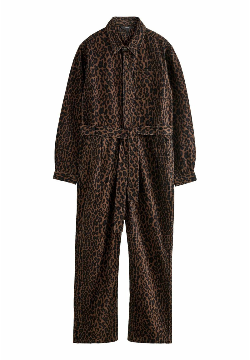 Combinaison à imprimé léopard en marron et noir. Comprend un col, des manches longues, une taille ceinturée et une poche plaquée. Fabriquée en tissu texturé.