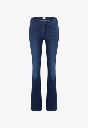 Tumedate sinised laiad teksad sujuva denimi tekstuuriga, millel on ees olevad taskud, keskmise kõrgusega vöökoht ja õrn pleekimise muster põlvede lähedal.