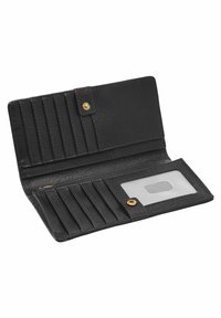 Portefeuille en cuir noir avec plusieurs emplacements pour cartes, une fenêtre pour pièce d'identité transparente et une fermeture à bouton pression doré. Finition texturée et design épuré.