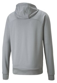 Sudadera con capucha de color gris claro, con una textura suave, puños acanalados y dobladillo recto. La parte posterior tiene un diseño sin costuras con costuras mínimas.