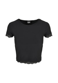 Černý žebrovaný crop top s krátkými rukávy a krajkovým lemem na manžetách a spodním okraji. Má kulatý výstřih, přiléhavý střih a měkkou texturu materiálu.