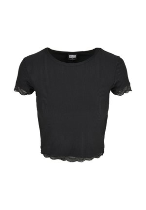 Czarny prążkowany crop top z krótkimi rękawami i koronkowym wykończeniem na mankietach oraz dolnym brzegu. Posiada okrągły dekolt, dopasowany krój oraz miękką teksturę materiału.