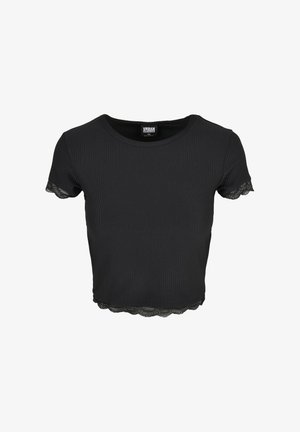 Czarny prążkowany crop top z krótkimi rękawami i koronkowym wykończeniem na mankietach oraz dolnym brzegu. Posiada okrągły dekolt, dopasowany krój oraz miękką teksturę materiału.