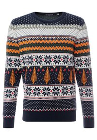 Mörkblå, stickad tröja med flerfärgade geometriska och julinspirerade mönster, inklusive träd, snöflingor och chevrons.