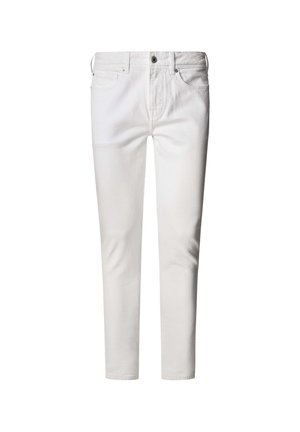 Jeans in denim bianco con vestibilità slim, design a cinque tasche, hardware in metallo e una texture liscia. Perfettamente tagliati per una silhouette moderna.