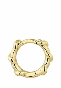 Anillo de oro con un diseño retorcido y acentos redondeados, textura suave y un centro abierto, que destaca por su forma circular continua.