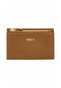 Portefeuille zippé en cuir brun texturé avec une fermeture éclair dorée et le logo "BRIC'S" embossé en doré à l'avant.