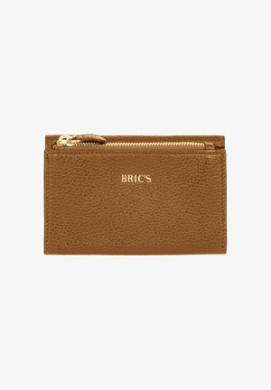 Portefeuille zippé en cuir brun texturé avec une fermeture éclair dorée et le logo "BRIC'S" embossé en doré à l'avant.