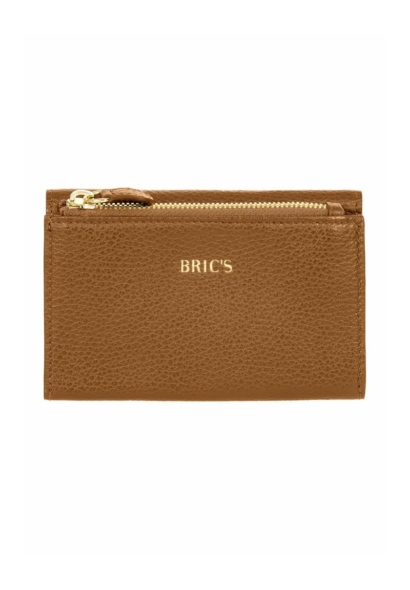 Portefeuille zippé en cuir brun texturé avec une fermeture éclair dorée et le logo "BRIC'S" embossé en doré à l'avant.