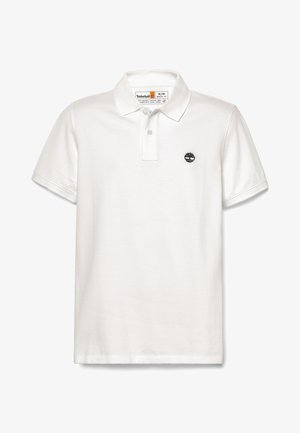 Polo shirt bianco in cotone, con colletto classico, patta con due bottoni e un piccolo logo ricamato sul lato sinistro del petto.