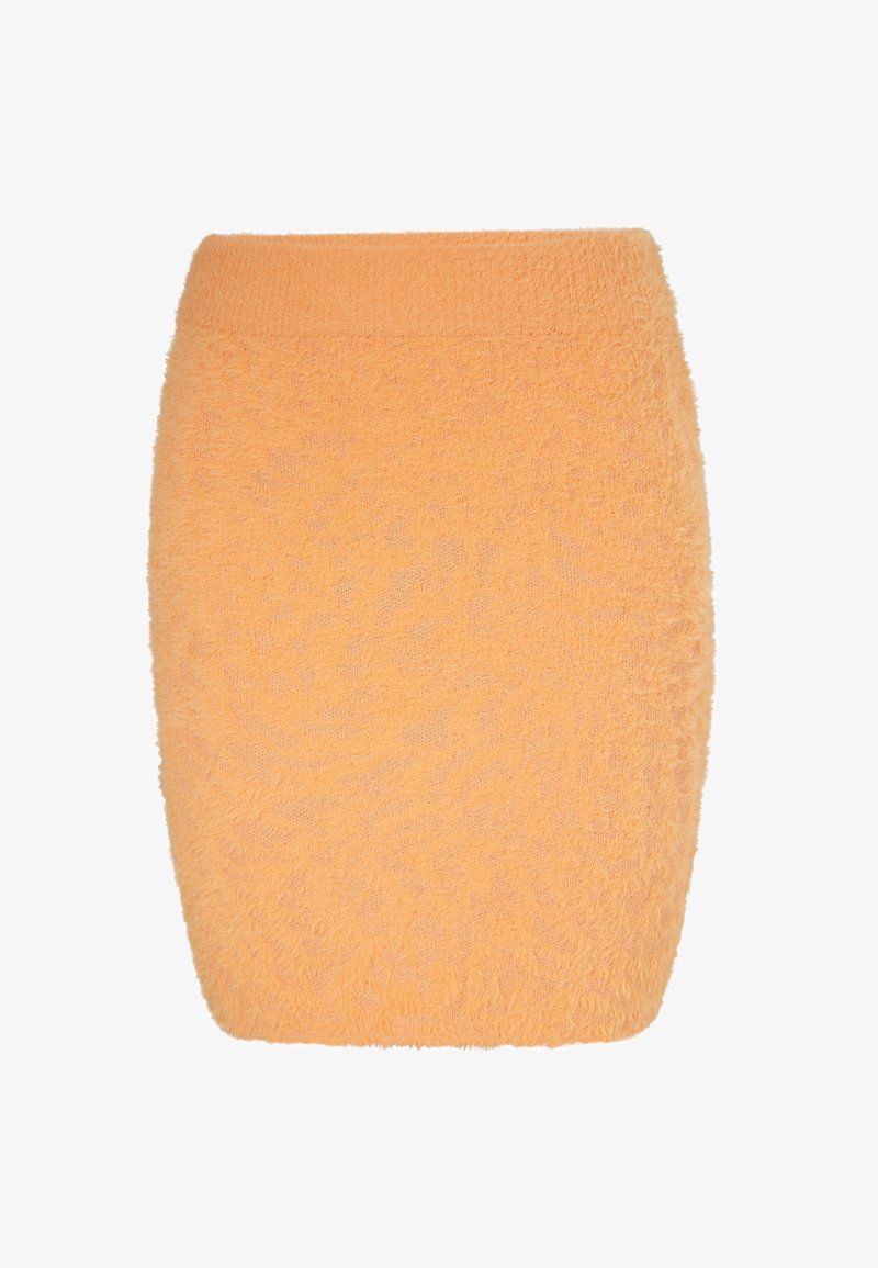 Oranž, tekstureeritud, kootud mini seelik, mis on õhulise kujuga ja pehme, karvase pinnaga. Pole nähtavaid õmblusi ega mustreid. Lihtne disain.