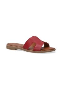 Rød læder slide sandal med to udskårne stropper, brun læderindsats og en lav træsål. Glat tekstur, afslappet design.