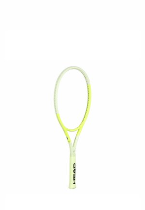 Racchetta da tennis con telaio bianco e giallo neon e logo "HEAD" sul manico bianco, senza corde.