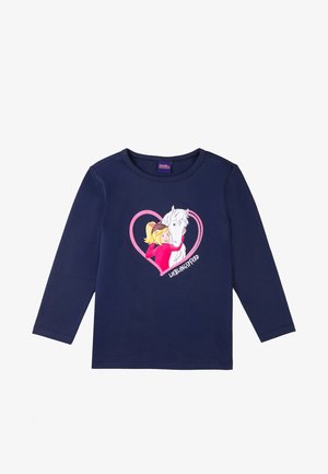 Navyblaues Langarm-T-Shirt aus Baumwolle mit einem Cartoon-Druck eines Mädchens mit einem Pferd in einem pinken Herzen, mit dem Text "LIEBLINGSPFERD."