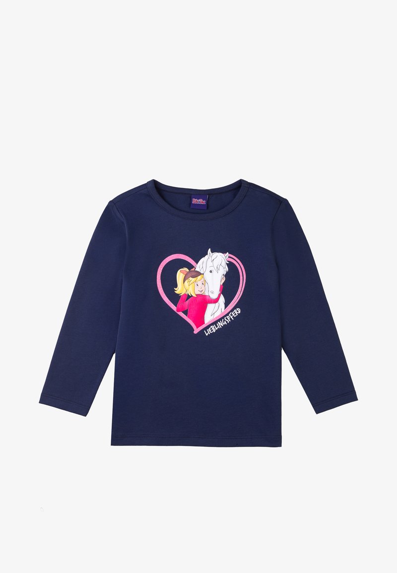 T-shirt a maniche lunghe blu navy in cotone con una stampa di un cartone animato che raffigura una ragazza con un cavallo all'interno di un cuore rosa, con il testo "LIEBLINGSPFERD."