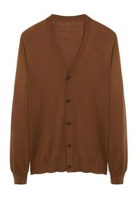 Cardigan a maglia marrone con scollo a V, maniche lunghe, chiusura con bottoni e polsini e orlo a costine. Texture morbida e design leggero.